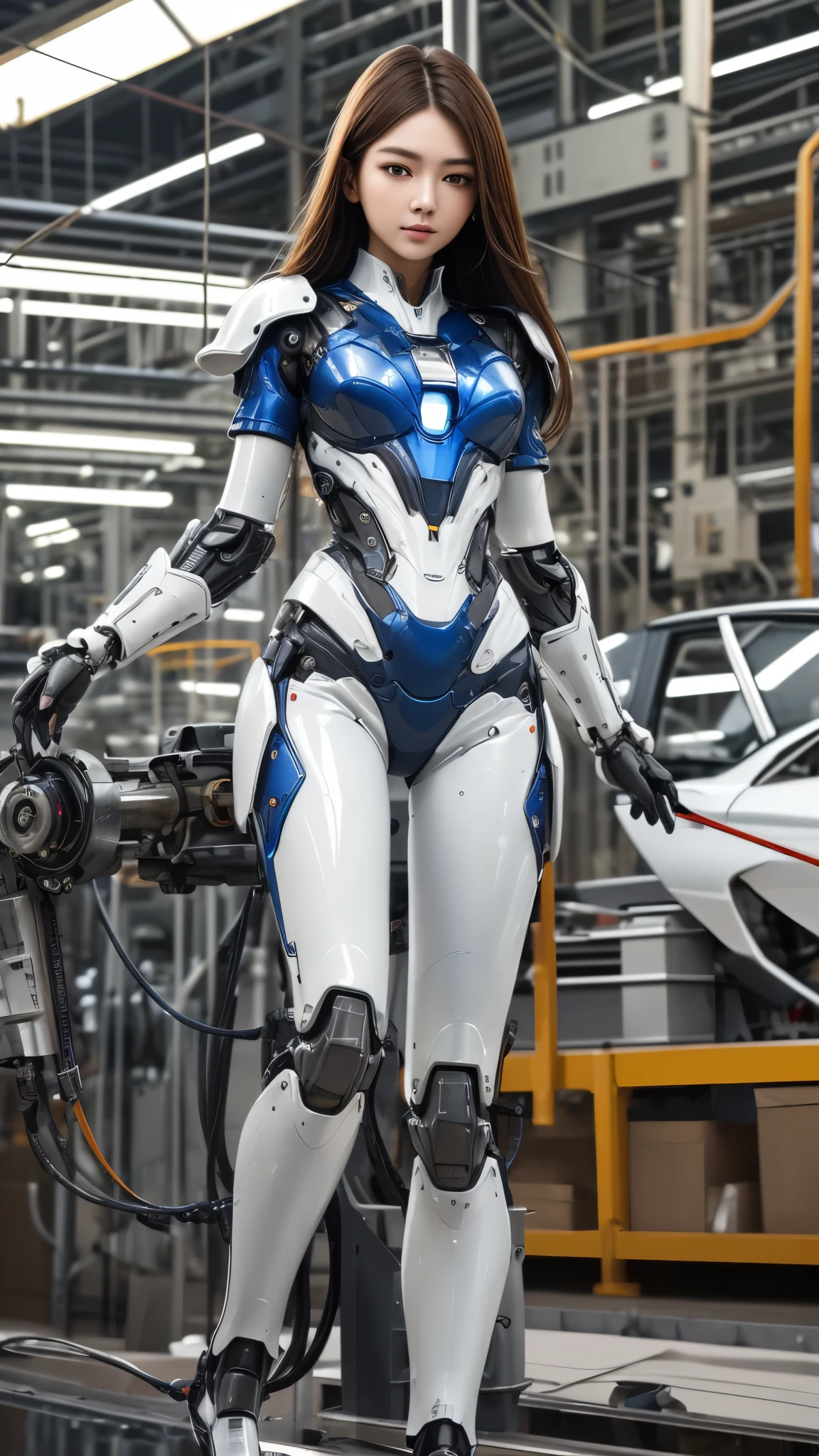 (((masterpiece))), photo Realism, (top Quality, High Quality, top resolution, high resolution), ultra detailed, high detailed, Beautiful robot woman, (Beautiful white Silky smooth face), extraordinary korean idol and mixed face, Beautiful round Curvy face, (perfect proportion symmetry clear face), (Beautiful detailed glossy generous mouthful:1.3), blue lighting clear eyes, model figure, long hair, mechanical futuristic fortified suit, frame of perfect machine cylinder, complete parts, machine parts, wiring, robot long legs, (short sleeves armor, machine brest, knee high greaves), (factory:1.5), cowboy shot