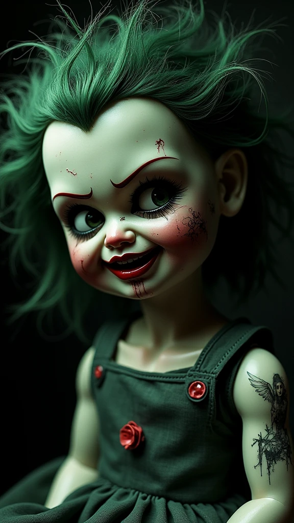 (best quality,4k,highres,masterpiece:1.2),cute chibi-style zombie doll,toy,plush,adorable,stitched body,dark theme,grotesque charm,Big and round eyes,and light grey skin,small fangs,playful expression,Bald head, tattered clothes,cute little limbs,mischievous posture,dark backgrounds,horror,unique character design,flashy colors, (gothic atmosphere), (moonlit background), (standing proudly), (mysterious smile), (sinister charm),(dark, moody lighting), (translucent skin), (subtle veins on the neck).