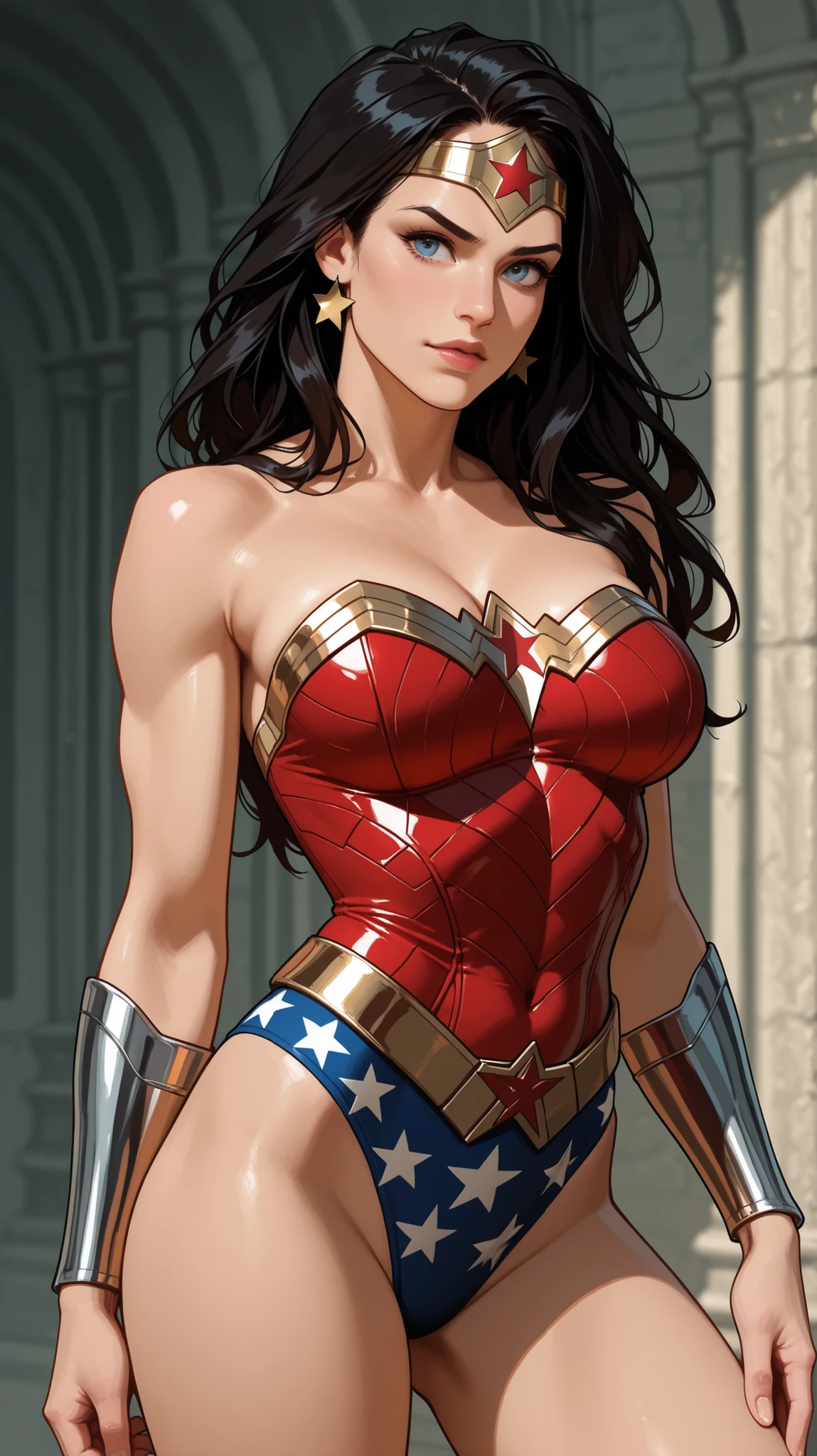 Solo, full body, cowboy_shot, A wonder woman (A Wonder Woman), (intricate detail, makeups), (detailed beautiful delicate face, fine beautiful delicate eyes, a face of perfect proportion), (Glossy skin: 1.0), fine detailed skin, strong and realistic blue eyes, realistic black hair, lip, makeups, Natural skin texture, tiara, red and gold bustier, blue thong with white stars, wristband, Red knee high boots, golden belt, (Wonder Woman clothing:1.0), bare shoulder, ((light tan skin: 1.4)), mature, Sexy, elastic muscles, (Muscular: 1.2), ((strong and healthy body)), (((the more) Muscular))), cleavage, Long leg, curved, (Big breasts: 1.3), rib, thin-waist, soft waist, (fine detailed skin), (beautiful and sexy woman), (swollen lips: 0.9), (eyelashes: 1.2), very delicate muscles, Perfect Body, perfect anatomia, perfect details, perfect fingers, perfect limbs, thigh gaps, (perfect hand: 1), toned thigh, curvy hips, Big, thighs, good style, Beautiful Legs, Nipple and crotch shape, knee_down, knees tucked in, Legs_Open, diffusion_Legs, Open Legs, protruding areolas, protruded camel toe, Vaginal discharge with flowing fluids, sexual excitement, sexual manifestations, Long leg, firm abs, (camel toes), (no panty), (No bra), ((curled up, Crying face)), (((Peeing:1.3))), Park Background,