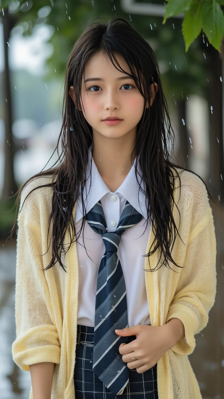 ((Nipples visible through a wet white shirt))、No underwear、Full body view、Long straight black hair、high school student、uniform、sexy、bra、Japanese、17 years old、
