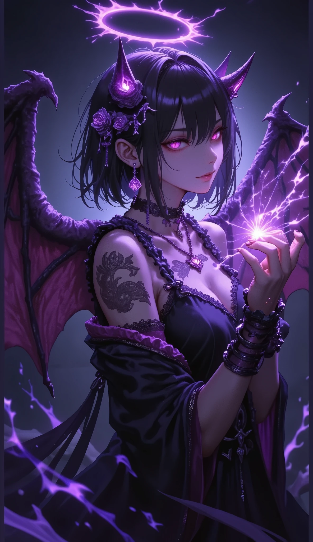 ((Best Quality)),( in the bathroom),( very well detailed),( detailed description ),(( best CG )),( best artwork ), Ultra Precise Art , Amazing Painting Art,( Exquisite Dark Fantasy Art:1.5), female, angel, devil, beautifully manicured, sharp eyes, Horn, angelの輪, long chain restraint, angelとdevilの羽, search, purple ectoplasm, Afterglow, decayed , dynamic pose, Dynamic Action, dynamic angle