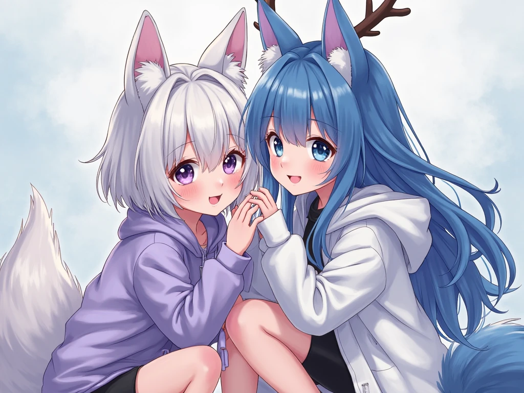 Elementary school girl, , A cup breasts, white hair, long hair, purple eyes, smiling face(one person) Pink sleeveless top Black mini skirt and white panties((I can see her panties)) Barefoot Girls Room Sitting on the floor Dynamic angle Low angle bear girl and cat girl