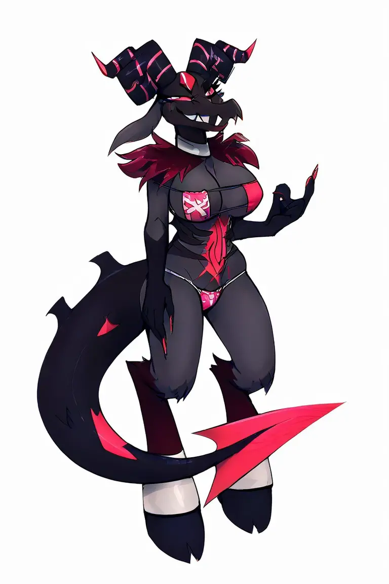 4k, girl, (Sly smile), (biting lip), Purple hair, twin tails, glowing purple eyes, slender frame, demon, furry tail, (exposed rib cage), fluffy digitigrade legs, ((protruding hip bones)), detailed fur, hooded stealth body suit
