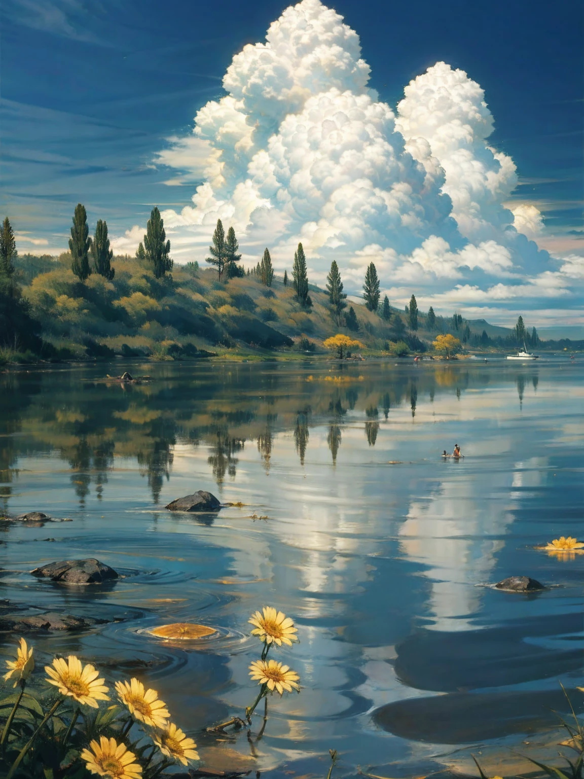   clear blue sky and highlights the 、white, soft, fluffy clouds that cast warm nature through the dense crowns of、鮮やかな緑の牧草地のある庭園の上の太陽のWarm colors合いを映しています。,   The scene is serene  , colorful flowers々,Sunshine Tree々trees reflect the warm hues of the sun above a garden with bright green meadows, Warmly convey your warm nature, Summer Day, Photorealistic, HD Images, 8k, High detail, Perfect accuracy , perfect composition, Elegant and attractive, realistic style, Warm colors, soft shadow, sharp detail , HD quality ,  higher lighting style 