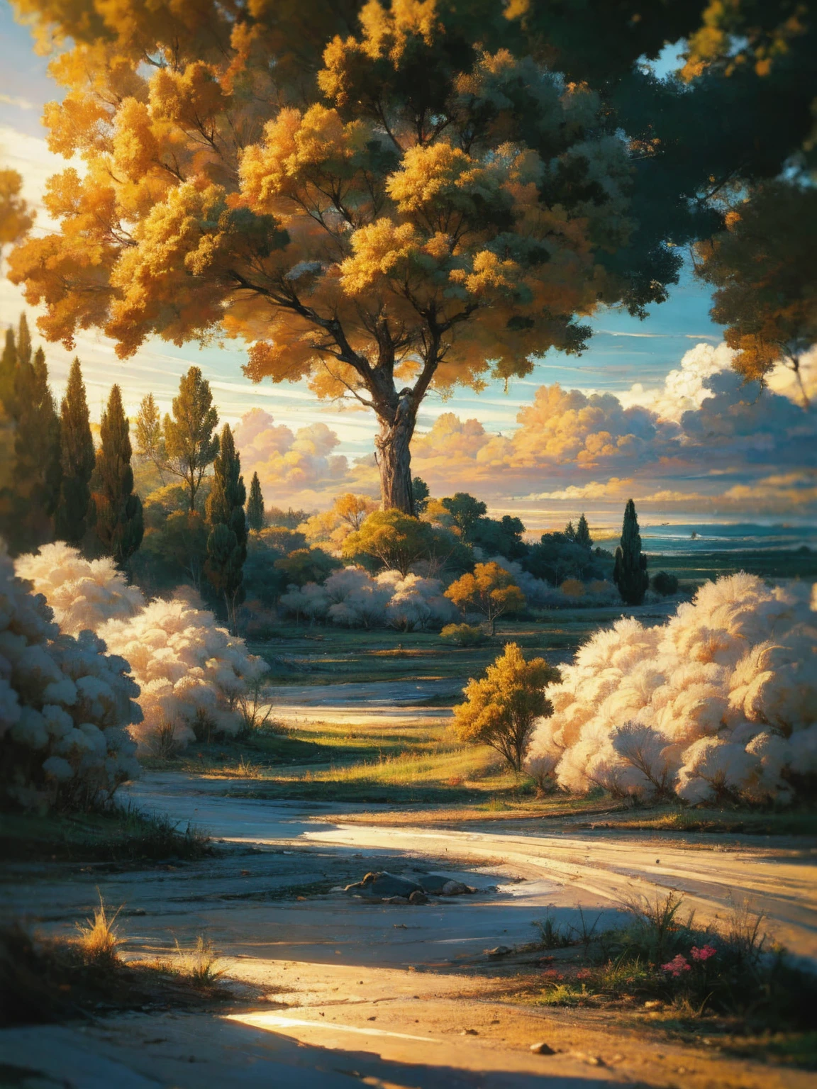   clear blue sky and highlights the 、white, soft, fluffy clouds that cast warm nature through the dense crowns of、鮮やかな緑の牧草地のある庭園の上の太陽のWarm colors合いを映しています。,   The scene is serene  , colorful flowers々,Sunshine Tree々trees reflect the warm hues of the sun above a garden with bright green meadows, Warmly convey your warm nature, Summer Day, Photorealistic, HD Images, 8k, High detail, Perfect accuracy , perfect composition, Elegant and attractive, realistic style, Warm colors, soft shadow, sharp detail , HD quality ,  higher lighting style 