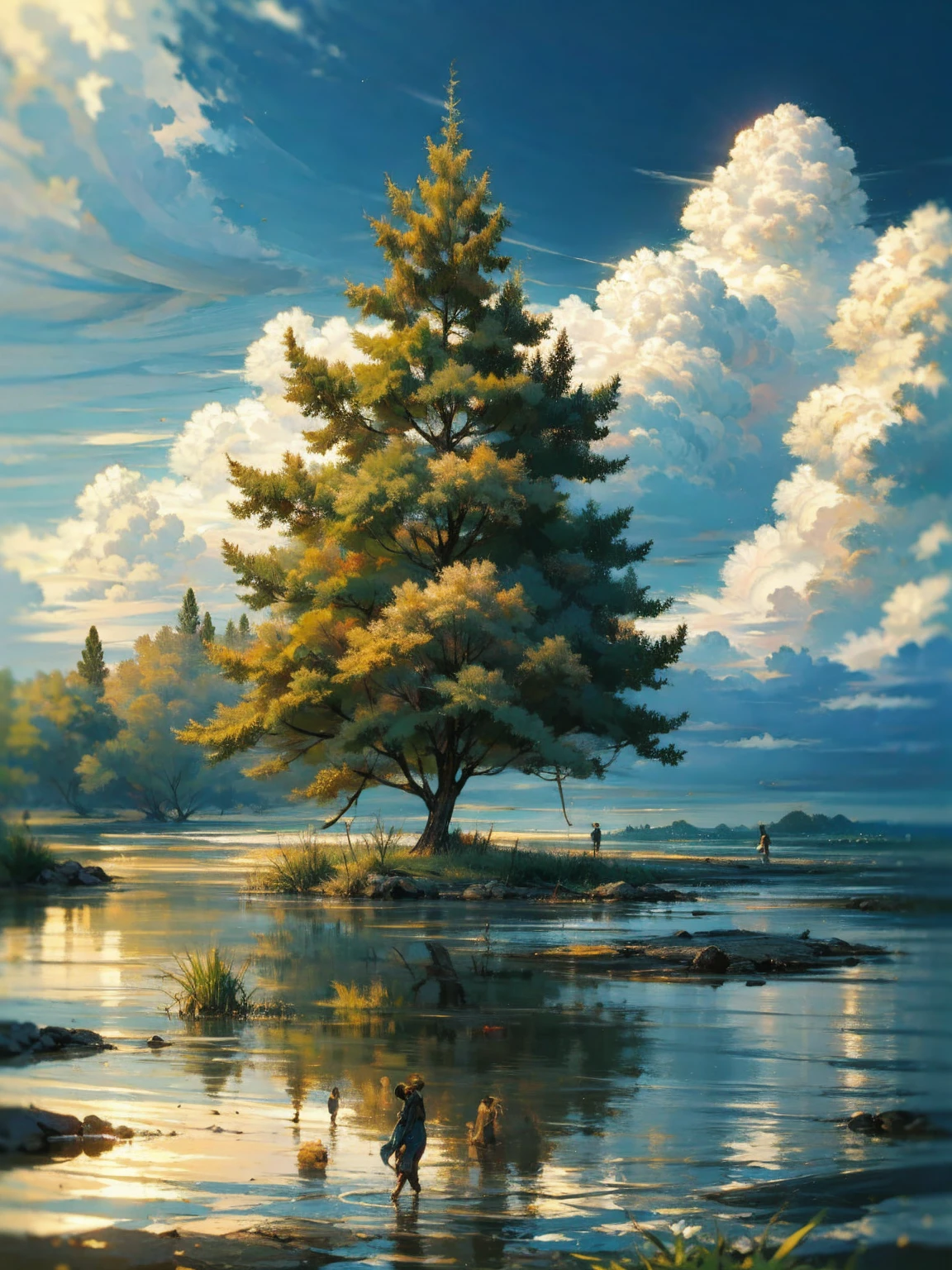   clear blue sky and highlights the 、white, soft, fluffy clouds that cast warm nature through the dense crowns of、鮮やかな緑の牧草地のある庭園の上の太陽のWarm colors合いを映しています。,   The scene is serene  , colorful flowers々,Sunshine Tree々trees reflect the warm hues of the sun above a garden with bright green meadows, Warmly convey your warm nature, Summer Day, Photorealistic, HD Images, 8k, High detail, Perfect accuracy , perfect composition, Elegant and attractive, realistic style, Warm colors, soft shadow, sharp detail , HD quality ,  higher lighting style 