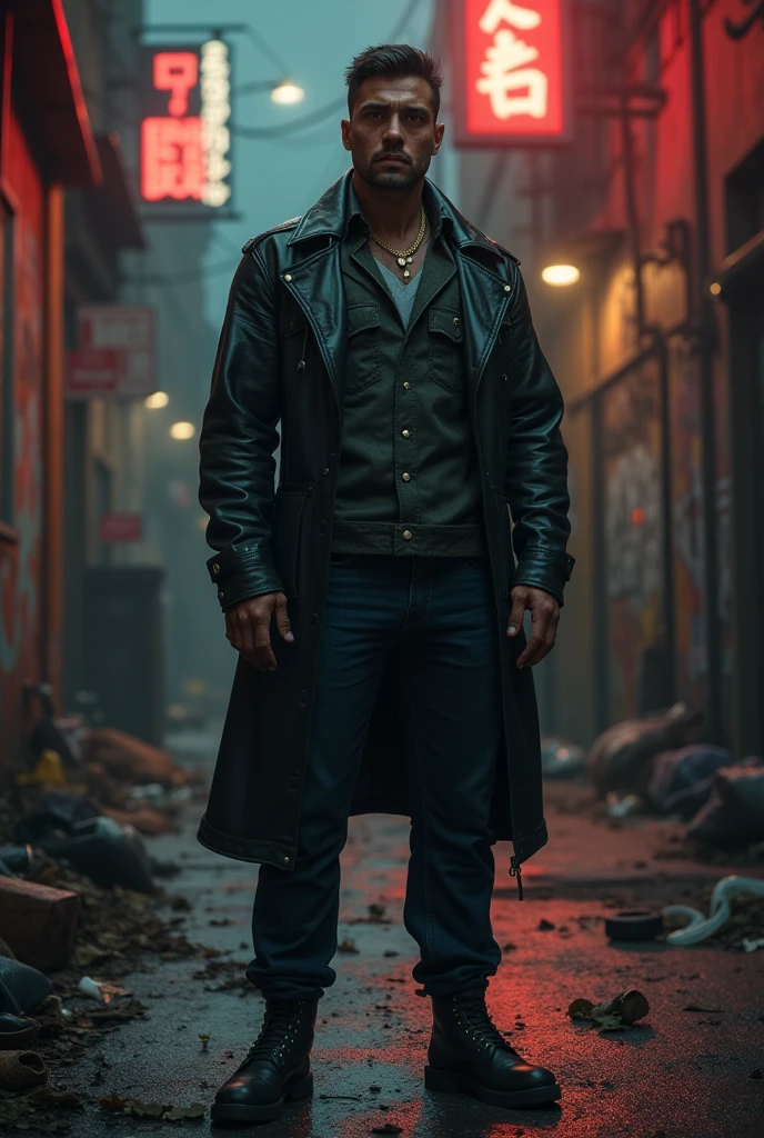 young white western man , Bblack hair, white sunglasses,  black rock&#39;n roll style clothes, combat boots, black vest, backpack on back, walking along a street at night, bus stop Behind him, light pole shining on top of it, city night background with bus stop, Behind him, Full-body image