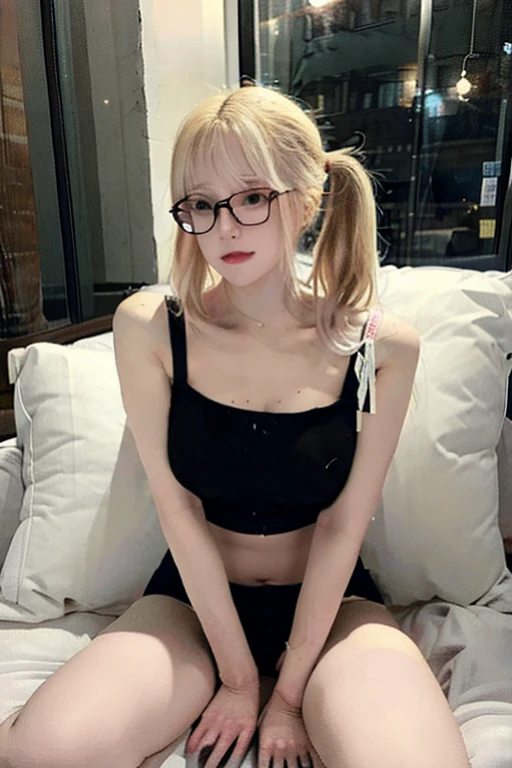 blond woman with glasses laying on a couch with her hand on her hips, a photorealistic painting inspired by Ion Andreescu, reddit, hyperrealism, in a black bra, perfect yellow haired girl, relaxing on the couch, a hyperrealistic , hyperrealistic , with glasses, wearing black glasses, wearing lifting skirt and a black bra, thick glasses