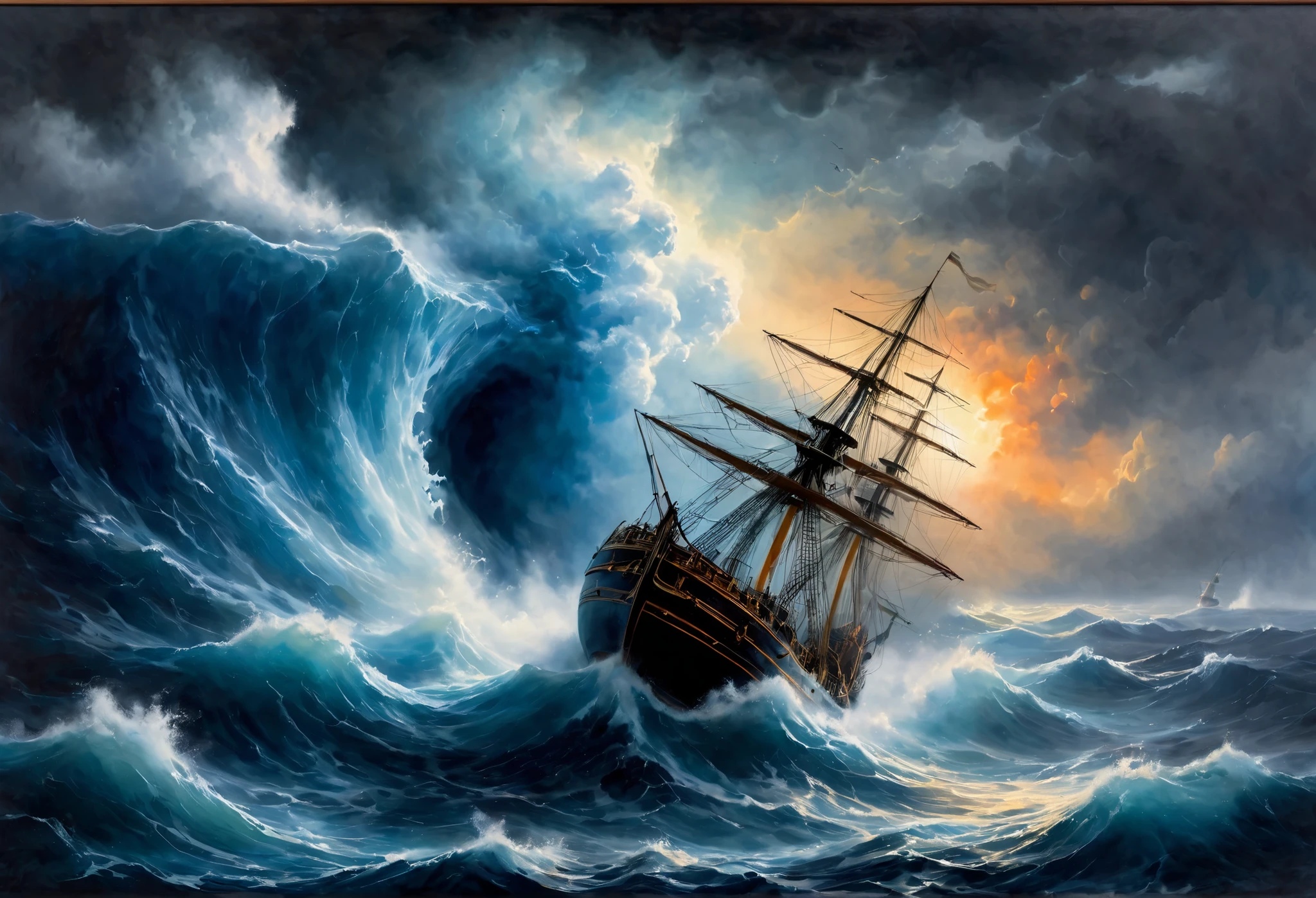 Aivazovsky-inspired hyperrealistic painting depicts a vessel succumbing to a tempest, embodying despair and impending doom, watercolor hues of the most luminous spectrum, backdrop infused with a sense of dire urgency, blue pigment cascading beyond the canvas edges, invoking a sense of epic drama, hyperdetailed, emotional turmoil captured, masterpiece evoking horror, panic, suspense, blue paint. Best quality, masterpiece, ultra high resolution