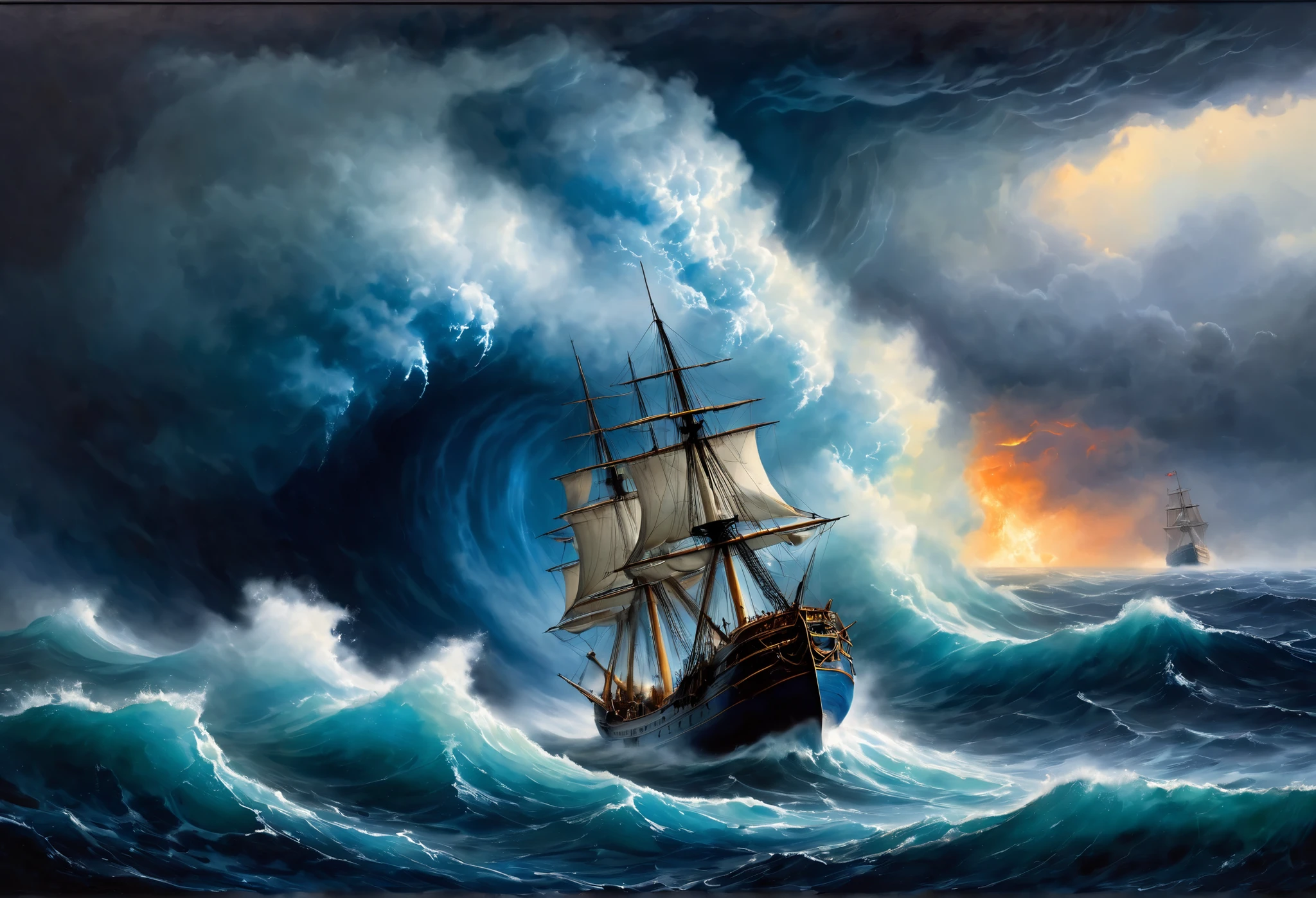 Aivazovsky-inspired hyperrealistic painting depicts a vessel succumbing to a tempest, embodying despair and impending doom, watercolor hues of the most luminous spectrum, backdrop infused with a sense of dire urgency, blue pigment cascading beyond the canvas edges, invoking a sense of epic drama, hyperdetailed, emotional turmoil captured, masterpiece evoking horror, panic, suspense, blue paint. Best quality, masterpiece, ultra high resolution