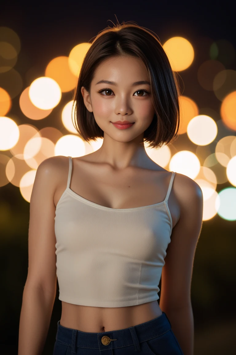 Highest quality,high resolution,8K UHD, SLR camera,1 girl,Japanese University Students,22 years old,(Camisole),short hair style,Very beautiful face,(Ultra-high-definition images),(An extremely beautiful face),(Realistic skin:1.2),(HD Skin:1.2),Smile,Meticulous Smile,Looking at the camera,(real picture),((((Upper body photo)))),Background New York night scene,Blurred Background,Soft and bright sunlight lighting,Strong backlight