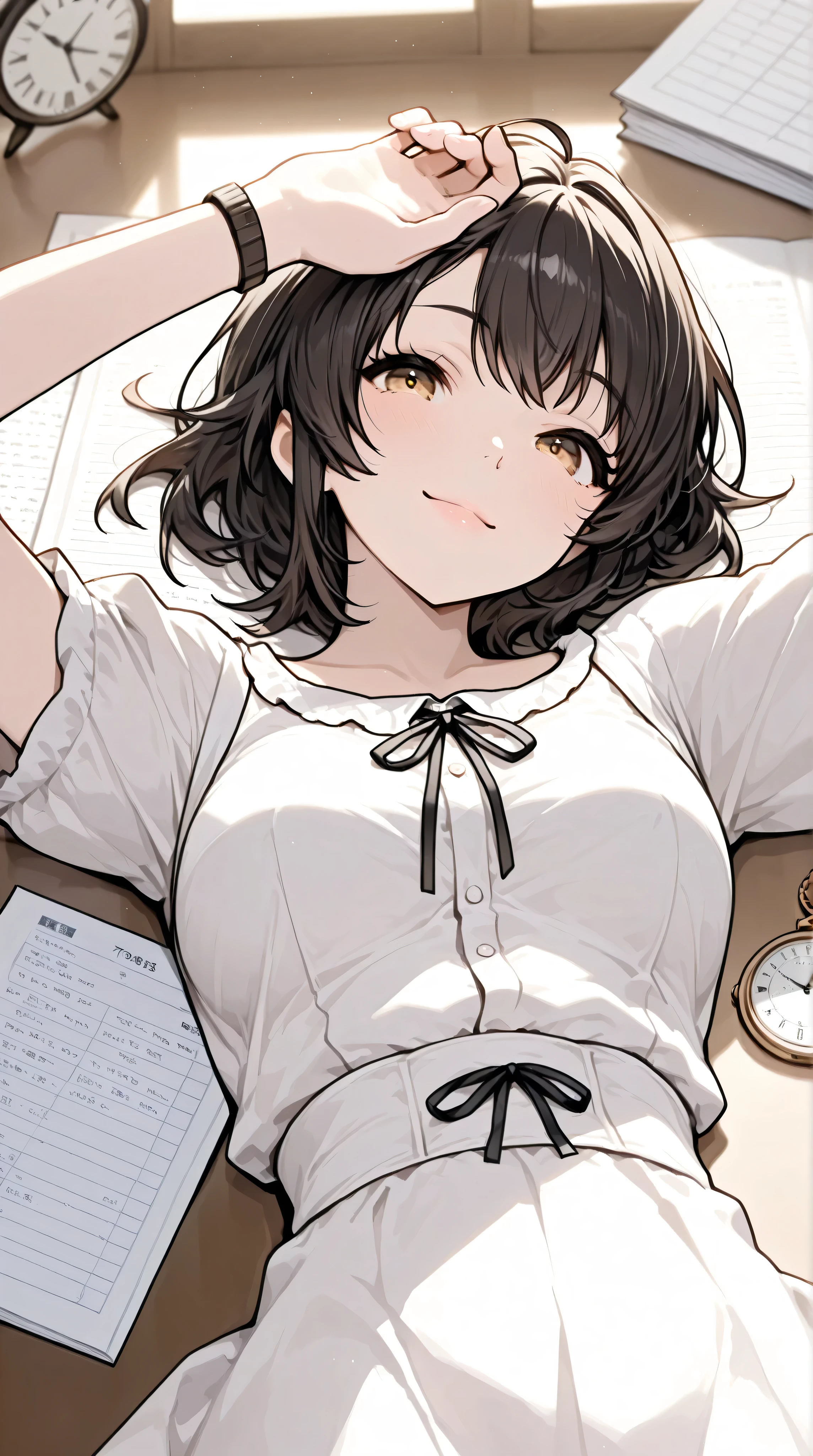 (Best Quality, masterpiece), one girl on her back, smile, , Tons of documents , watch viewers,upper body