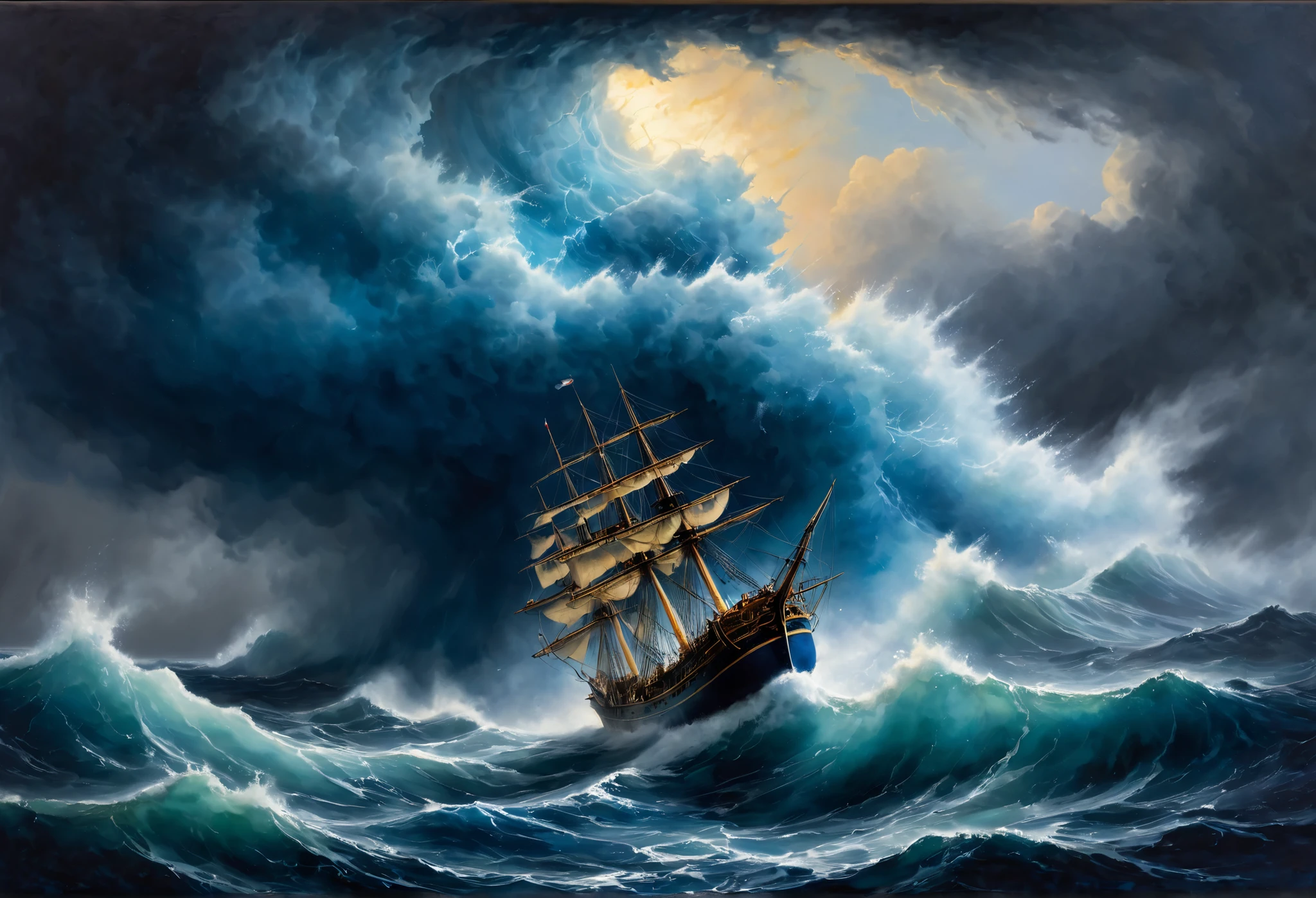 Aivazovsky-inspired hyperrealistic painting depicts a vessel succumbing to a tempest, embodying despair and impending doom, watercolor hues of the most luminous spectrum, backdrop infused with a sense of dire urgency, blue pigment cascading beyond the canvas edges, invoking a sense of epic drama, hyperdetailed, emotional turmoil captured, masterpiece evoking horror, panic, suspense, blue paint. Best quality, masterpiece, ultra high resolution