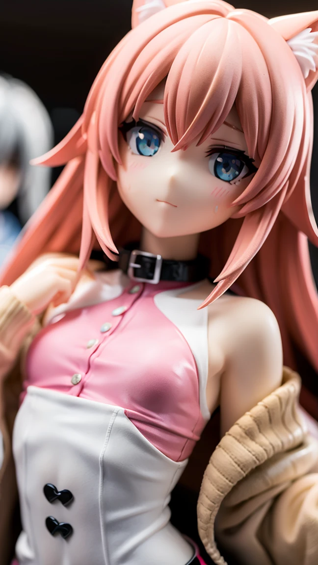 Real View,Ultra Miniature Paintings,shiny pvc,shy crying face,kawaii girl, Slender big,Put out the nipples,red ribbon silver hair,thin waist,See-through shiny off-the-shoulder blouse,Transparent vinyl micro mini skirt,Lace panties,sitting on,Convenience store at midnight,plastic model,