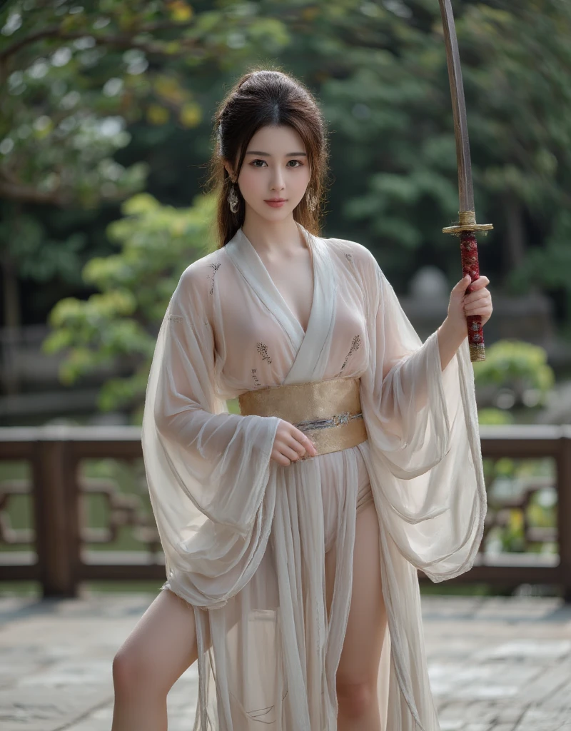 Best quality, masterpiece, ultra high res, raw photo, beautiful and aesthetic,deep shadow, dark theme,(photorealistic:1.4),
White kitten, Hanfu, Chinese calligraphy, chinese clothes, holding weapon, holding sword, sakura,
Graceful poise, evocative atmosphere, magnetic presence, refined seduction, captivating mystique,
Intricate zentangle patterns, a single female figure, astonishing level of detail, generously endowed, striking perspective, a chaotic masterpiece, gracefully poised, vibrant color palette, ((outdoors)), inspired by rococo architecture