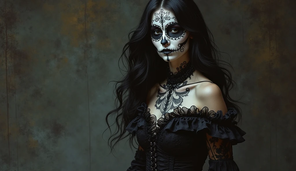 Uma mulher magra de vestido longo preto. Ela tem cabelos longos e lisos, and his face is half human and half skull