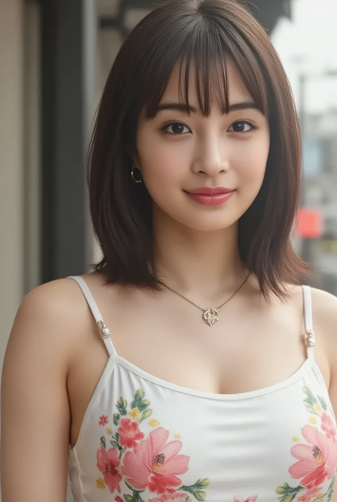 highest quality, masterpiece, High resolution, Photoreal, RAW photo, 8k wallpaper, Flawless, professional lighting, very detailed, written boundary depth, ((one beautiful woman)), 40 years old, sexy woman, ((Orange and brown fancy patterned printed dress)), Upper body, ((view audience)), detailed face, beautiful eyes, ((facing the front)), ((sitting on a white wooden bench in the park)), (Sunny), bangs, well-shaped chest, cleavage, black straight hair, faint lips, cowboy shot, ((arm between legs))