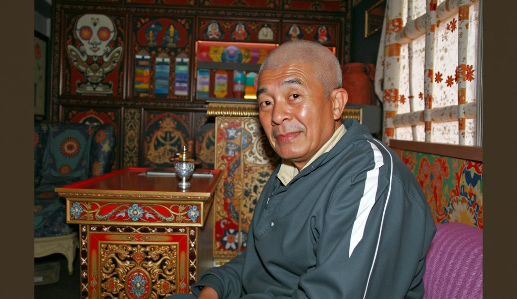 bald buryat man, sitting in the craft room, wearing, brown eyes, smirk