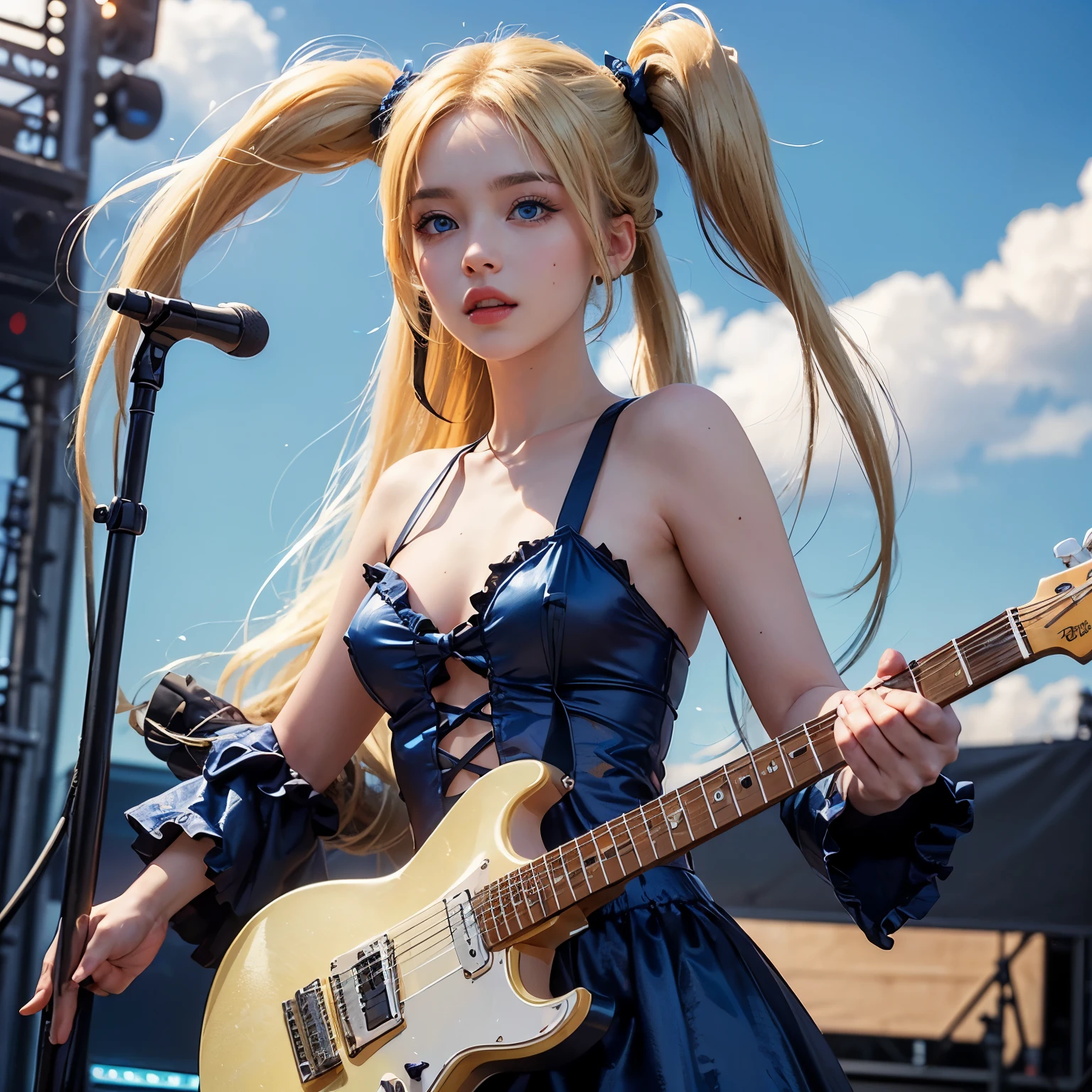 (Masterpiece), (Best Quality), Ultra High Definition, Professional Artwork, Ultra Detailed, Complex, Detailed Face, Perfect Lighting, 1girl, Solo, Sylviem, Kofxib, Striped, Pantyhose, Midriff, Ribbon, Striped Pantyhose, Jewelry, Horn, Open Eyes, Big Smile, Wide Mouth, Golden Electric Guitar, Electric Guitar on His Shoulder, Playing Electric Guitar, hair bow, chest, skirt, bead, necklace, cleavage, puffy sleeves, photorealistic, cowboy shot, dynamic angle
