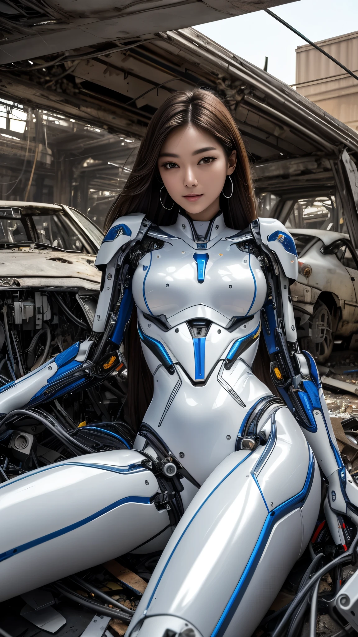 There is a futuristic cyborg woman standing in front of a futuristic car, beautiful white girl cyborg, beautiful girl cyborg, cute cyborg girl, Cyborg - Girl, cyborg girl, perfect android girl, robot girl, 美しいcyborg girl, young female cyborg, cyborg fashion model, porcelain cyborg, perfect anime cyborg woman, beautiful android woman, female robot, The perfect cyborg woman、(((((Background inside the spacecraft)))))