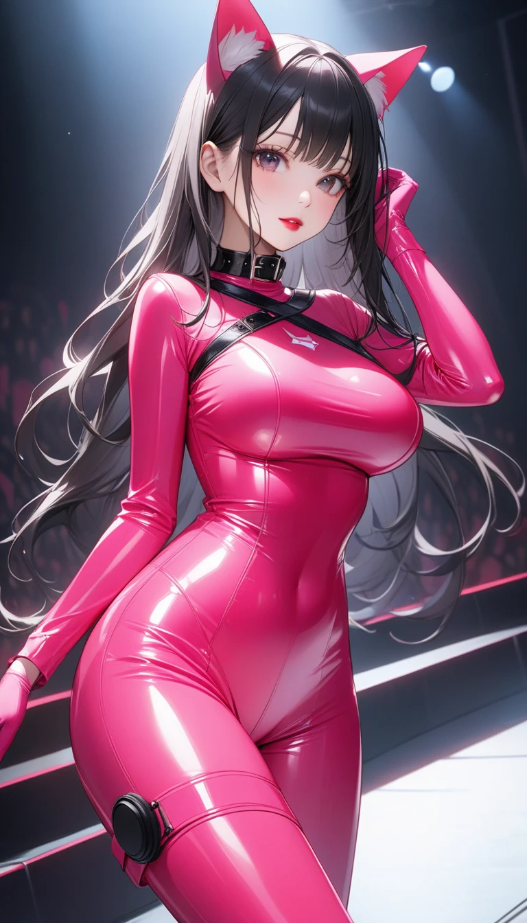 nipples++, pov+, full body,
shibuya rin, green eyes, brown hair, long hair,
armpit focus, arm behind head, straddling, squatting, wide spread legs,
on the stage, (on the table)+, spotlight, neon lights, solo,
(blue pvc school swimsuit)+, red collar, (black pvc elbow gloves)+, black pvc thigh boots,
embarrassed, blush, crying,
shiny hair, sweat, ,, ,a beauty girl, blush, Seductive smile,Insane details and very detailed, Huge lower eyelid. masutepiece, of the highest quality, Ultra high definition, max resolution, Very detailed, Clean skin,