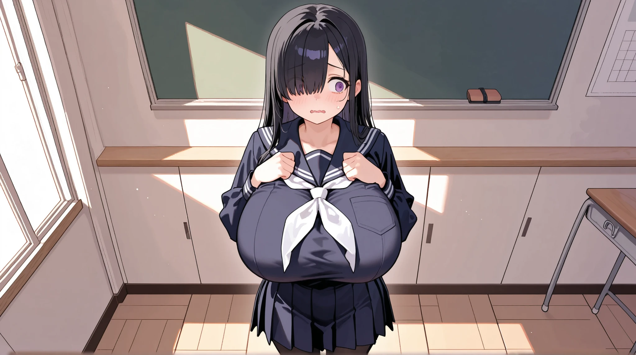 1girl, general, solo, black hair, long hair, straight hair, hair over one eye, purple eyes, gigantic breasts, school uniform, serafuku, dark blue serafuku, white neckerchief, standing, midi skirt, black pantyhose, detailed background, classroom, day, looking away, wavy mouth, parted lips, from above, from front, looking at viewer, horrified, clenched hands, hands on chest