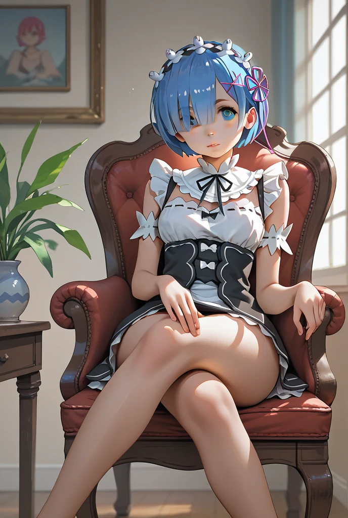 score_9, score_8_up, score_7_up, rem_\(re:zero\)
blue_eyes,hair_over_one_eye,short_hair,blue_hair,hair_ribbon,roswaal_mansion_maid_uniform, 1girl, solo, sitting, crossed legs, from below
Masterpiece, best quality, detailed eyes, perfect face, award winning, hyper-realistic
