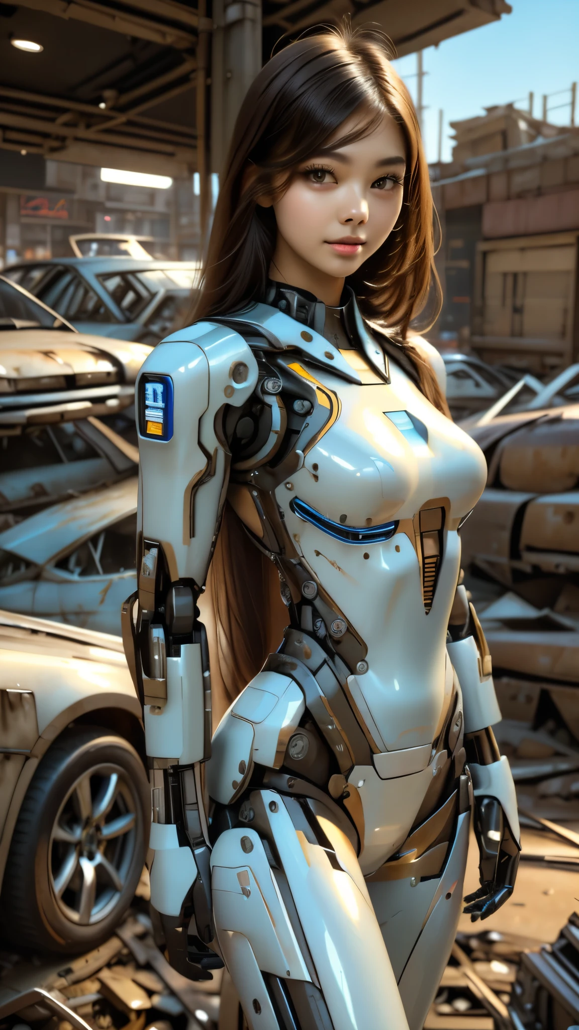 (((masterpiece))), photo Realism, (top Quality, High Quality, top resolution, high resolution), ultra detailed, high detailed, Beautiful Android woman, (Beautiful white Silky smooth face), extraordinary korean idol and mixed face, Beautiful round Curvy face, (perfect proportion symmetry clear face), (Beautiful detailed glossy generous mouthful:1.3), blue lighting clear eyes, perfect model figure, long hair, futuristic fortified suit, frame of perfect machine, cylinder, power source, high performance computer, efficient drive motors, and other key components, wiring, robot long legs, (junk yard:1.3), upper body Shot, robot is lying down