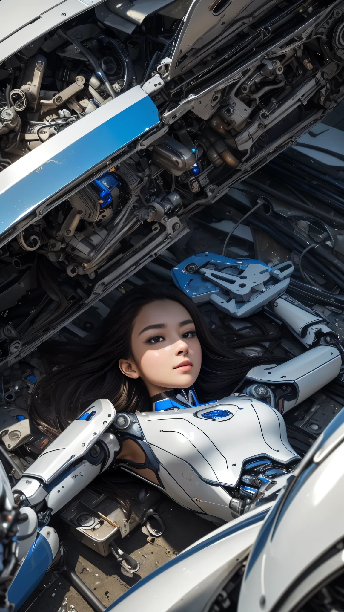 (((masterpiece))), photo Realism, (top Quality, High Quality, top resolution, high resolution), ultra detailed, high detailed, Beautiful robot woman, (Beautiful white Silky smooth face), extraordinary korean idol and mixed face, Beautiful round Curvy face, (perfect proportion symmetry clear face), (Beautiful detailed glossy generous mouthful:1.3), blue lighting clear eyes, perfect model figure, long hair, mechanical futuristic fortified suit, frame of perfect machine cylinder, Large power source, high performance computer, efficient drive motors, and other key components, (junk yard:1.3), upper body Shot, robot is lying down