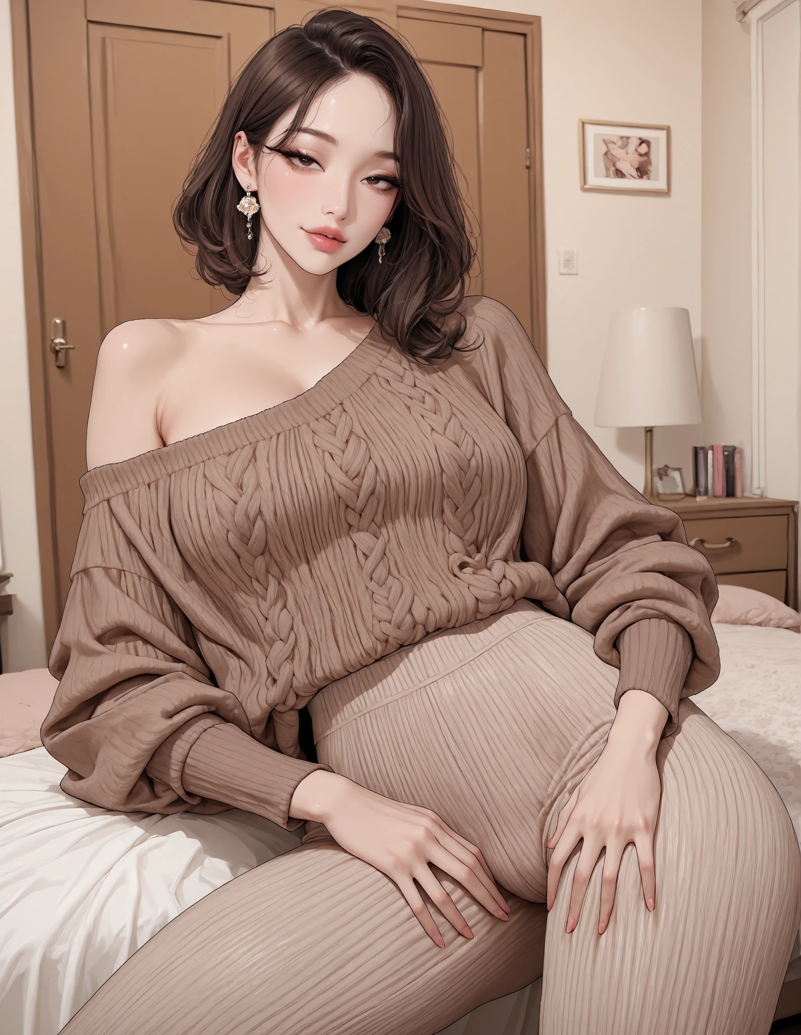 there is a woman sitting down with a longest brown hair, bbwchan, thicc, brown hijab outfit, brown hairstyle model, korean girl, korean woman, wearing brown robe, full length shot, alluring plus sized model, japanese goddess, clothed in hooded, voluptuous and arousing, portrait shot, curvy model, voluptuous body, wonderful, nene tanaka body , bbwchan, The overall atmosphere is smooth , haunting illustrations, extremely high-resolution details, photographic, realism pushed to extreme, fine texture, 4k, ultra-detailed, high quality, high contrast, red sneakers , cold atmosphere ,,