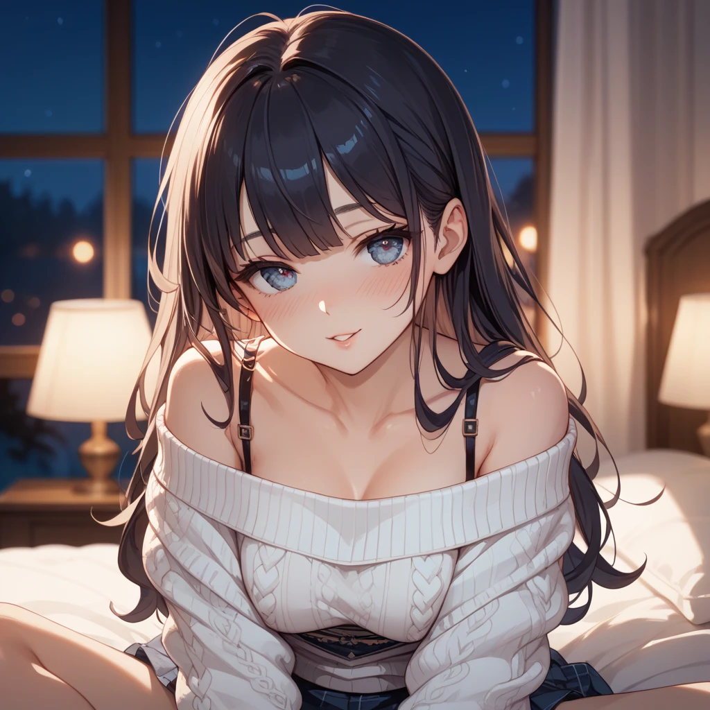 Young caucasian female; brunette; looking down shyly; confessing her feelings for the viewer; toned, slender physique; shy and cute look; intense blush and warm smile; cuddling with the viewer in her bed; wanting to make out; night sky visible through her window; wearing comfy night clothes; sparkling eyes; surreal