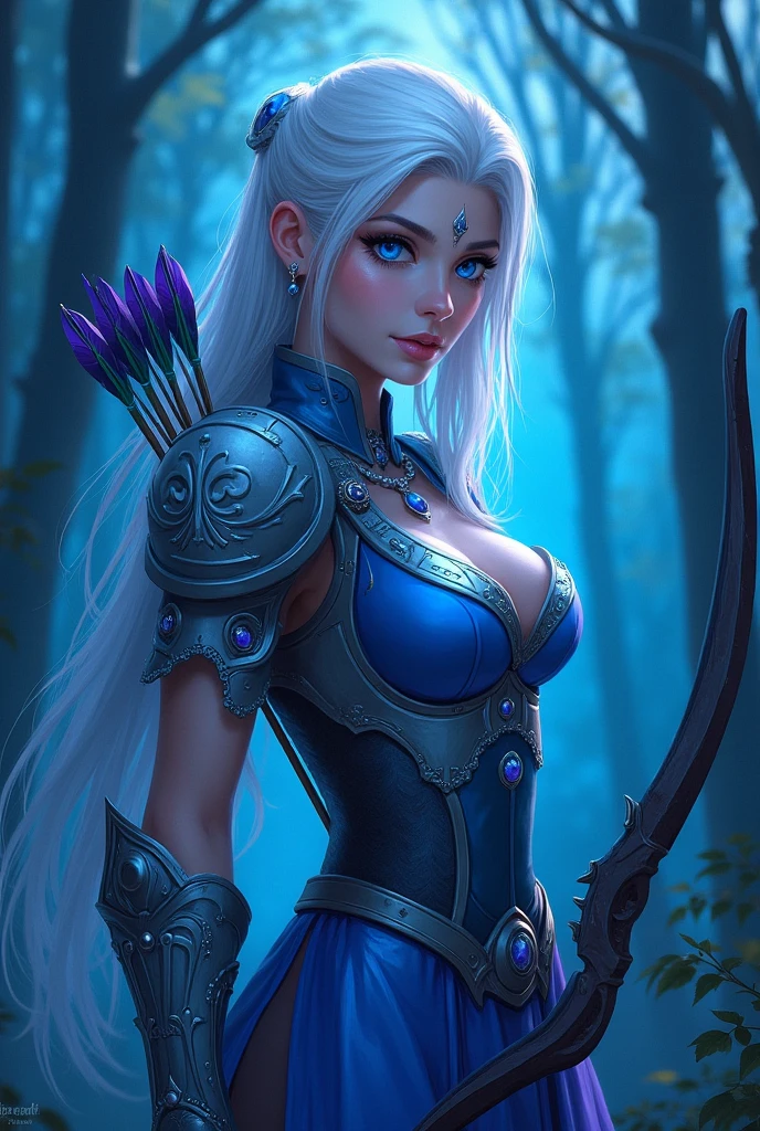 (masterpiece), anime style, wide eyes, 1 girl, Ice and fire hair female-focused,  blue sparkling outfit, 1 girl, solo focused, dynamic lighting, UHD, crystal clear color eyes, beautiful sparkle eyes, expressive eyes, Princess Mananoke style cloth, warrior hunter cloths, tattoo, holding, weapon, bone_spear, feather, tribal, forest, nighttime, lake, green shrubs, fantasy animals, blue outfit, leather armor, huge spear, two-handed weapon, adult female, thick thighs, big breasts, cleavage, thighs 
