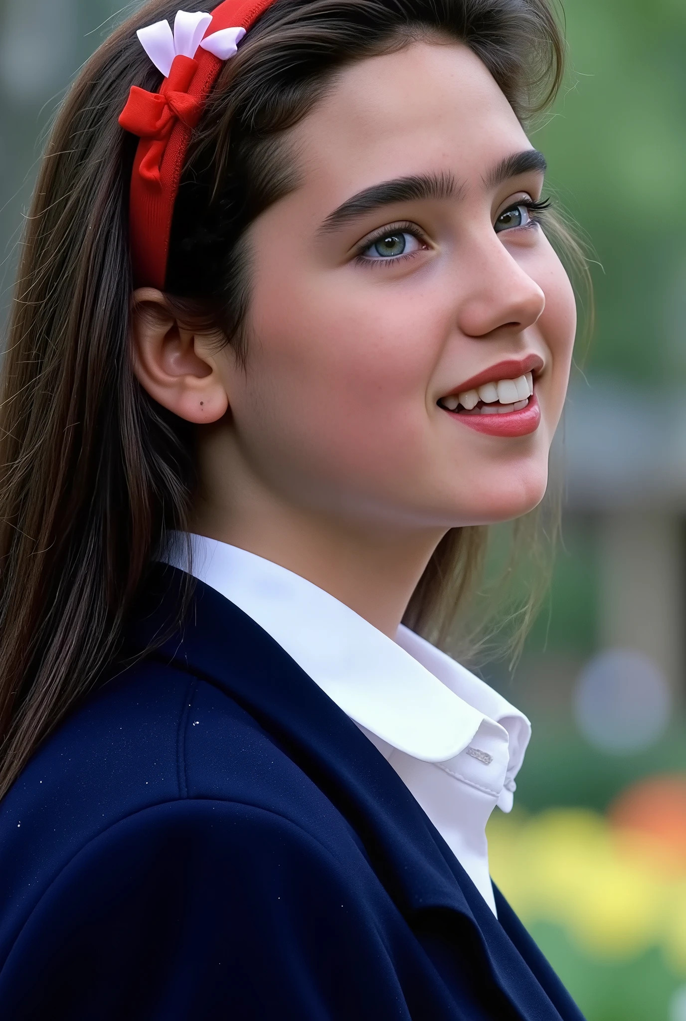 ( very realistic photo ),(masterpiece, of the best quality:1.3), 1 girl, (alone), from just her side, her beautiful profile,
(( young Jennifer Connelly )),(At age 15 ),
She's wearing a well-groomed dark blue high school uniform blazer, pure white blouse, And a big colorful ribbon ornament.,
she wears a bright red hair band., She is holding a lavender-colored bra in her hand and smiling、She's wearing small silver-rimmed glasses、
Cute round cheeks ,
Her nose is bent high,
without makeup,
Perfect, healthy young man 々she's so fresh and fresh、Fine and smooth white skin,
Body of a precocious woman 、has big breasts and broad shoulders,
Jennifer Connelly's unique and beautiful face has been recreated.,
her long dark hair is slightly wet and shiny,
bright natural light illuminates her beautiful face., Mr..々in a garden where colorful cosmos are in full bloom、anatomically correct,
