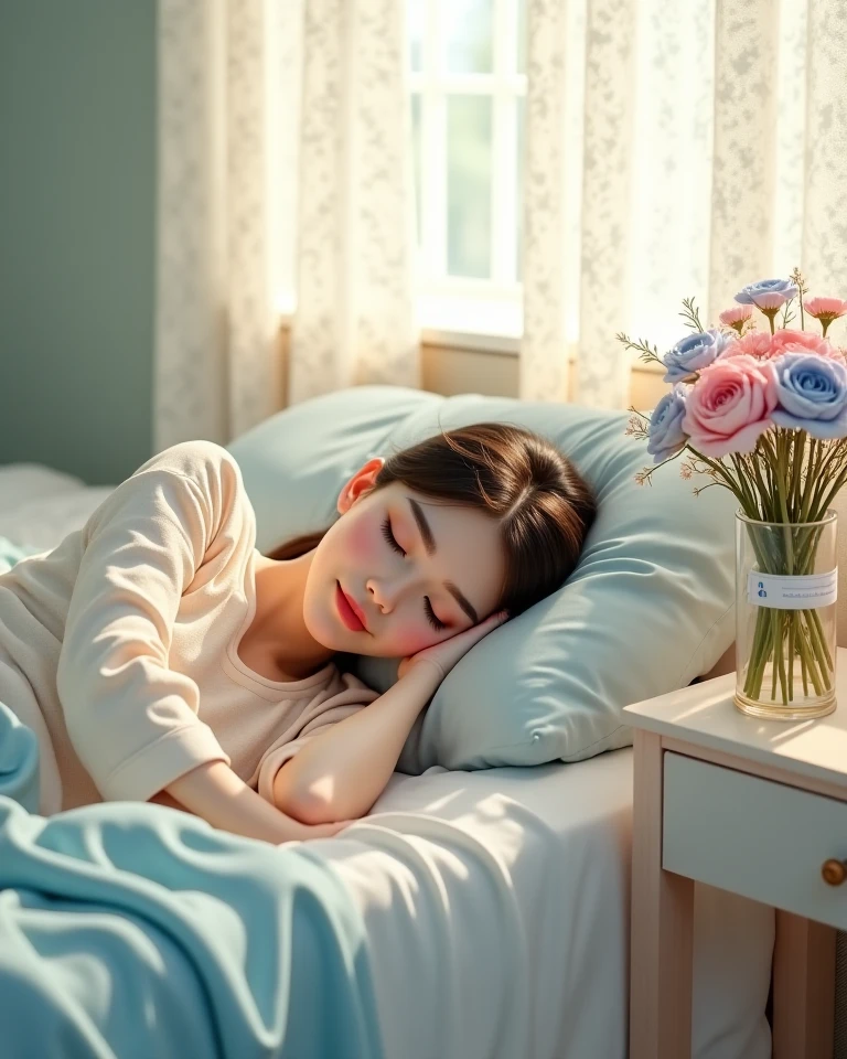 (highest quality,4K,8k,High resolution,masterpiece:1.2),Super detailed,(Realistic,photoRealistic,photo-Realistic:1.37),Beautiful and cute 18-year-old female student wearing a sexy high ,girl,garden,Beautiful views,Soft sunlight,A book in her hand,Laugh brightly,Bright expression,Blonde Hair,blue eyes,Long Curly Hair,She has a pink ribbon in her hair,White blouse,Checkered short skirt,tall white socks,Black Loafers,Stylish backpack,Cafeteria Background,Students eating lunch,A table with colorful food trays,Juicy burgers,Fresh sandwiches,Crispy French Fries,salad,Fruit bowl,A variety of refreshing drinks,glass windows overlooking green gardens and blooming flowers,Vibrant colors,Pastel Tones,Picturesque style,Soft brushwork,Dreamy atmosphere,Playful lighting,Sunlight streaming through the window,Create beautiful patterns on walls and floors,Long straight hair_Hair reaching down to the waist、in the bed room,(((Sleeping on your back、Grabbing the bed sheets tightly with pleasure:1.3))