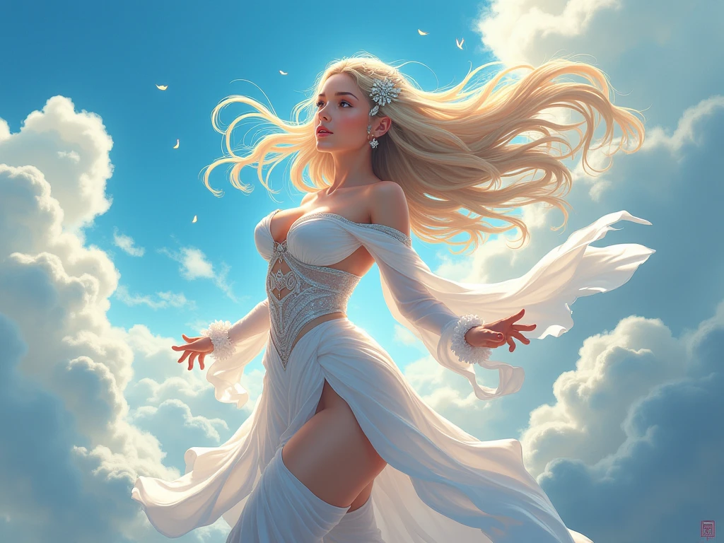 (masterpiece, high detail, high resolution, art style by Greg Rutkowski, depth of field), ((setting: high in the clouds)), (a naked woman floating in the air between volumetric clouds, high in the sky, billowing hair, (background: clouds in the sky), ((pale skin sparkles in sunlight)), (voluminous thick long shimmering hair: 1.8), sensual, (small breasts: 1.9), (small butt: 1.9), full body view, ((bright background), (gentle smile), relaxed, detailed, (volumetric, level difference detail), warm sharp sunlight, clear air, windy, backlight, contour light, strong but seductive, (((alone))), vibrant colours, flowy white transparent silk fabric around her waist only, (((entire body))) visible, feet in the shot, one sunlight arc in the background