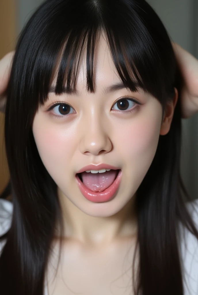 japanese actress,beautiful face,adult,black hair,tareme,cum on face,cum on tongue,bukkake on face,wink,(open mouth),cum in mouth,look up to viewer,from above,(face focus:1.2),close up,laughing,tongue,white sweater,