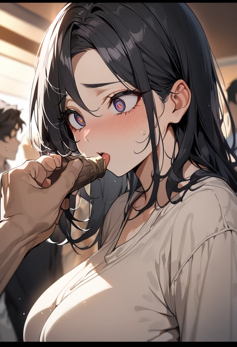 In front of the vending machine、high school girl、Black bob hair、hairpin、Penis in front of face、Open-mouthed expression of joy、Drooling((She stares at my penis with pleasure))、Hearts in the eyes、Large Breasts、Deep valley、nsfw