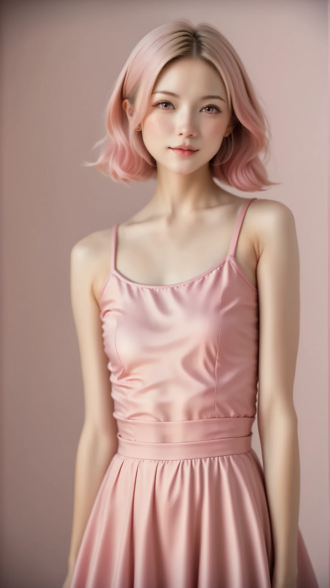 (((Pink World:1.3)))、Best Quality, masterpiece, high resolution, (((one girl on her back))), ,((( eyes:1.3)))、pink dress、((pink shirt:1.3、pink block dress)), tyndall effect , realistic, Shadow Studio , Ultramarine Light , two-tone lighting, (high detail skin: 1.2)、Light colored lighting 、Lighting、 DSLR, pictures, high resolution, 4K, 8k, blurry background, beautifully fades out 、light pink background、背景 Pink World