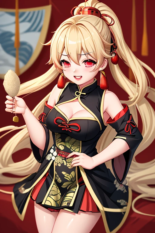 highest quality、Smirking face、Red Eye、Big breasts、belly button、Fox ears、Long blonde、Kimono、Black Pantty、Japanese-style room、nipple