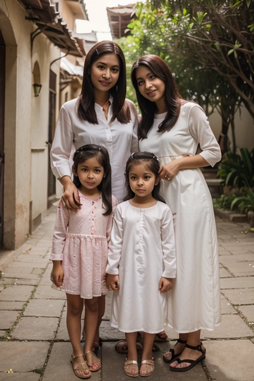 Sepasang suami istri bersama dengan anak laki-lakinya memakai baju seragam muslim baju sang suami bertuliskan fajar baju sang istri bertuliskan aisyah dan baju sang anak laki-lakinya bertuliskan adrian berlatar taman yang bertuliskan taman lenteng