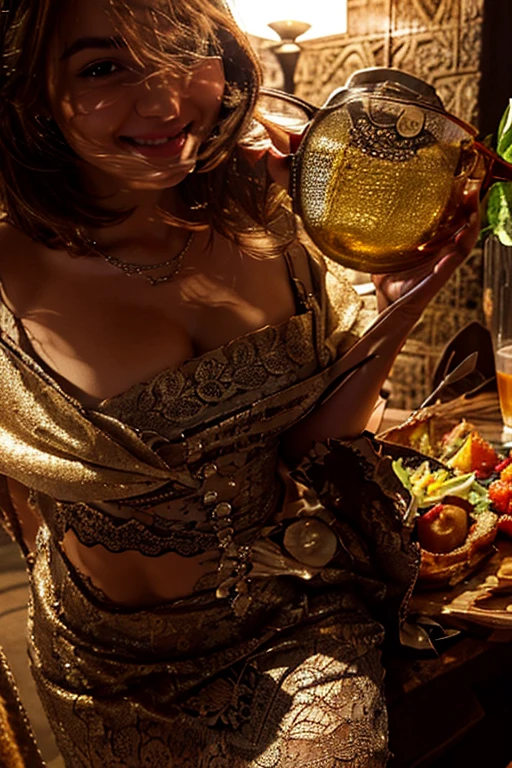 on a luxurious dining table.An extremely beautiful model sitting on chair.The chest and between the legs are covered with vegetables.Like a human body feast.