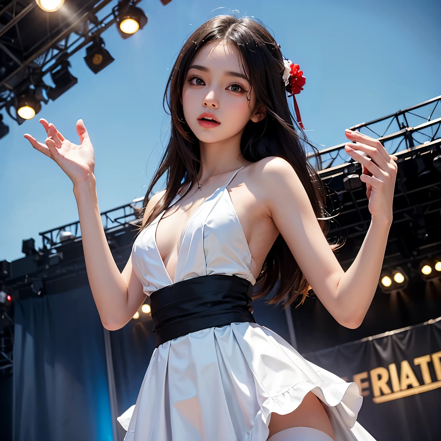 (8K, RAW photo, highest qualityの, masterpiece: 1.2), (realistic, realistic: 1.37), highest quality, ultra high resolution, Light leakage, dynamic lighting, Slim and smooth skin, (whole body:1.3), (soft saturation: 1.6), (Fair skin: 1.2), (Glossy skin: 1.1), oily skin, 22 years ago, night, shiny white blonde, well-shaped chest, hair blowing in the wind, whole bodyショット, Physically based rendering, from multiple angles, (off shoulder lace pure white dress), Red glowing lipstick, (Daytime bandstand), ((beautiful girl)), (sing using a microphone), (dancing)、((Skirt soars in the wind))、((White lace panties are visible)),