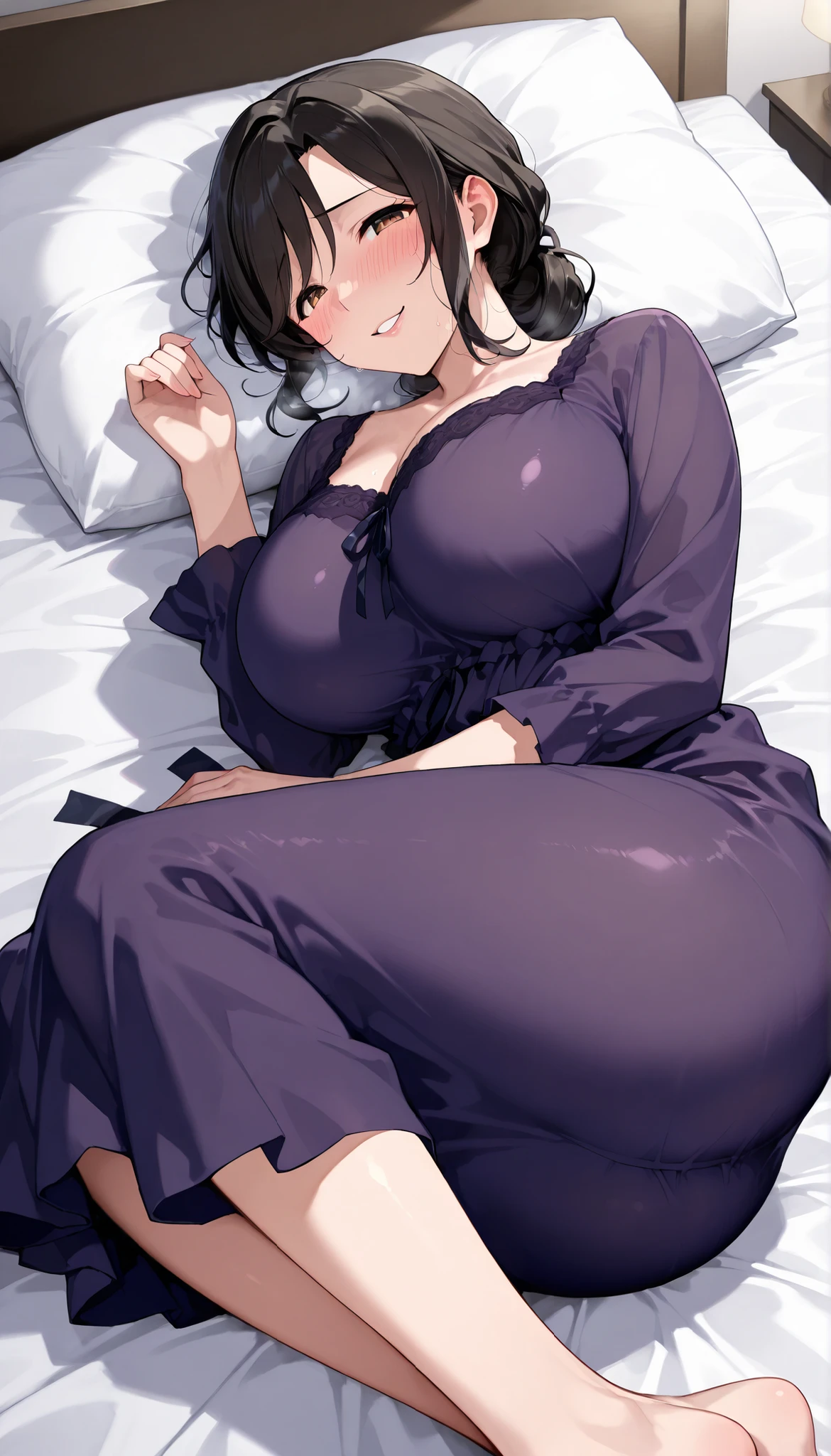 score_9, score_8_up, score_7_up, score_6_up, score_5_up, score_4_up, source_anime, tag1, tag 2, quality_masterpiece, anatomically correct, beautiful face, completely complete, 非常に詳細なbeautiful faceと目, attractive face with body in water, Detailed Faces, Delicate Facial Features, detailed skins, Big Breasts, sensual woman with hands on her knees, mature woman, Mature Woman, maternal, sexy, Embarrassing, shy ass, Smile, bedroom eyes BREAK low angle, Aside, is lying down on the bed, ベッドにis lying down, is lying down, Pillow, bed sheets, under covers, Nightgown