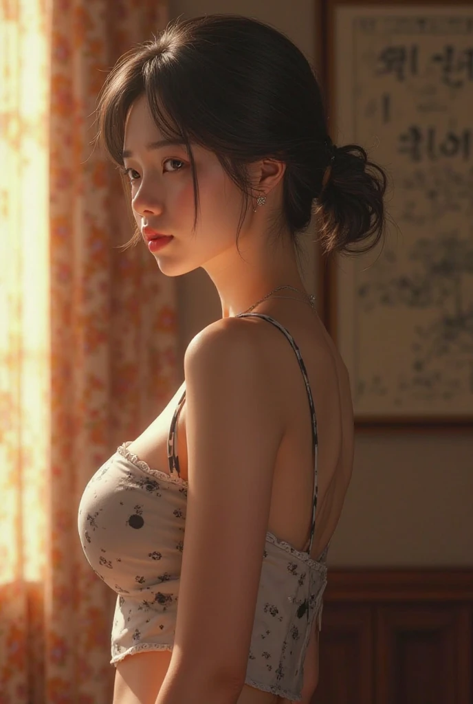 (32K:1.9, Highest quality, masterpiece, Ultra-high resolution, Professional high-angle camera work:1.5, Very detailedな肌と顔の質感:1.4), Always accurate, Very detailed, ((20 year old Japanese wife, Busty on the verge of collapse, Cooking in the kitchen:1.6, The morning light illuminates the hut, Wearing only a gingham apron, naked.:1.7, Incredibly slim body:1.5, areola is not visible)), Small face, Fair skin, elegant, sense of cleanliness, Vegetable cutting pose, (Big eyes that exude beautiful eroticism:0.4, A shy smile:1.0, I love you with all my heart:0.8, Please open your mouth a little, lipstick, Feel the beautiful eroticism:0.9), (Wet dark brown medium length hair), Earrings, necklace, bracelet, (romantic, artistic, mysterious), Object of admiration, original, dramatic, Innovative, charm, Heartful, Fancy, sense of openness, special, exciting, Extreme, Tilt, sense of loss, sorrow, sorrowの表現, ((若さのcharm, 女性的なcharm))