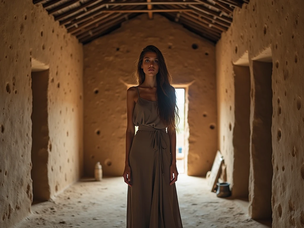 1 girl 25 years, name cleo, beautiful lady, ((little freckles:0.1), (breast size 3:1)medium smile, dark blue detailed eyes, black ponytail hair, dark makeup, hyperdetailed photography 14mm, soft light, all body photography, legs crossed, short red dress, in underground still club