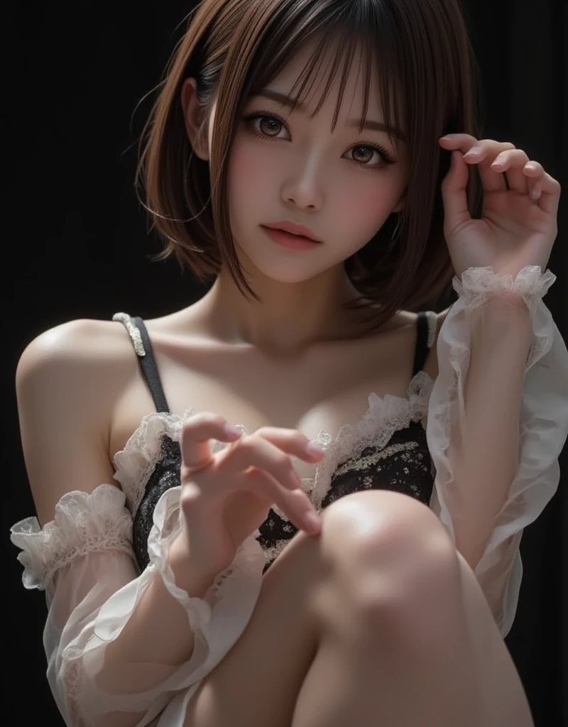 ((8k, RAW photos, top quality, masterpieces), high-definition RAW color photos professional close-up photos, (realistic, photorealism: 1.37), (highest quality), (best shadows), (best illustrations), ((ultra high resolution, high-definition CG unified 8K wallpapers, physically based rendering, movie lighting), 20 years old girl, (black glittery gothic ta dress:1.3, no panties:1.3), beautiful detail eyes, light on the face, ((full body shot: 1.2)), especially strong light, (upper eyes), shiny skin, (dark brown hair, high pony-tail hair:1.2), (thick thighs), (flash:1.2), ((seductive posture: 1.2, attractive: 1.2)), (On the bed), ((good anatomy: 1.2)), perfect face:1.2, cute face:1.2, super detailed face, break, (During sex:1.37), (Having sex with man:1.3), ((penis into vagina:1.3)), ((A dildo-vibrator is inserted into a own vagina:1.3)), ((A dildo-vibrator is inserted into a woman's vagina:1.3)), ((A dildo-vibrator is inserted into a woman's vagina:1.3)), Straddling a man, Cowgirl, (high angle shot:1.2), small breasts:1.2, small hip:1.2, beautiful small nipples, small areola, Constricted waist, Pin highHeel, break, (closed eyes:1.5, shy-face, Open your mouth wide to the maximum)), Looking up, makeup, pink glittery lipgloss, with blush cheeks, Detailed beautiful teeth, full of sweat, a necklace, piercings, Bracelet, Black tights up to the thighs