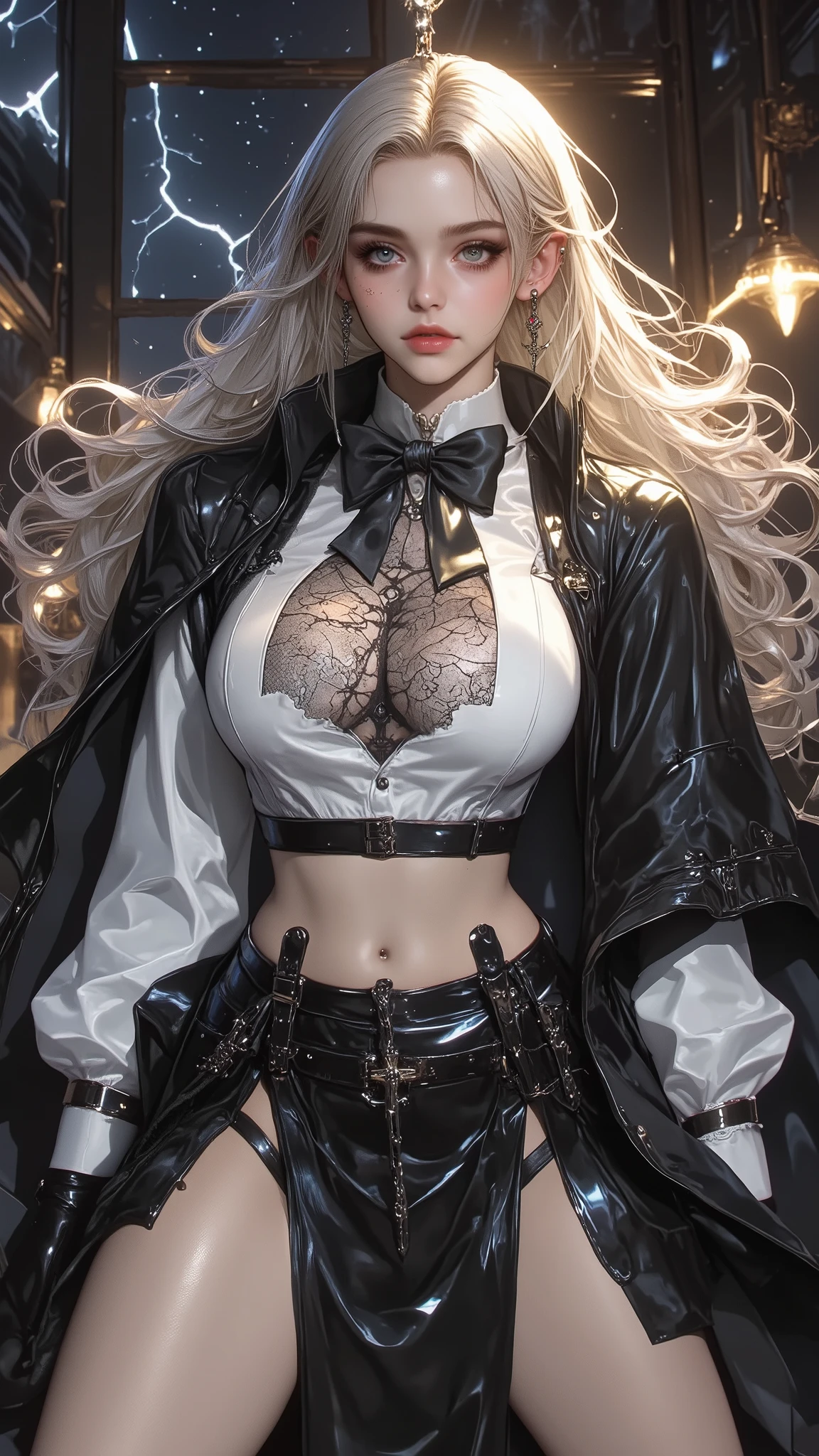 Girl portrait photography, Realistic, High resolution, 1 female, alone, Upper Body, Beautiful Eyes, Close your lips, Detailed face, Gray Hair, Long Hair, Collared shirt, Red tie,Black Skirt, Pencil Skirt,, stockings,(Black lace panties are visible)