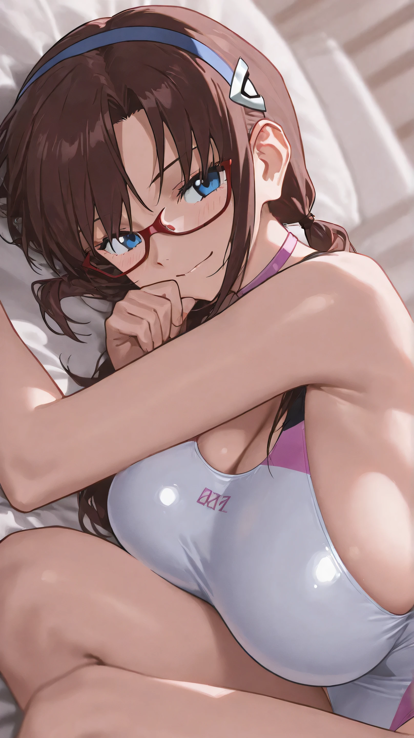 top quality, masterpiece, 748cm style,1 girl,Neon Genesis Evangelion,Makinami Mari Illustrious、long hair、 Hair、TWIN TAILS、(低い TWIN TAILS :1.5)、headband、青い headband、blue eyes、glasses( parted bangs in bed :1.5)、((white competitive swimsuit))、competition swimsuit、smile、( popup:1.7)、(too big chewy :1.7)、hyper breasts、front、close your mouth、lying on the bed、supine、front