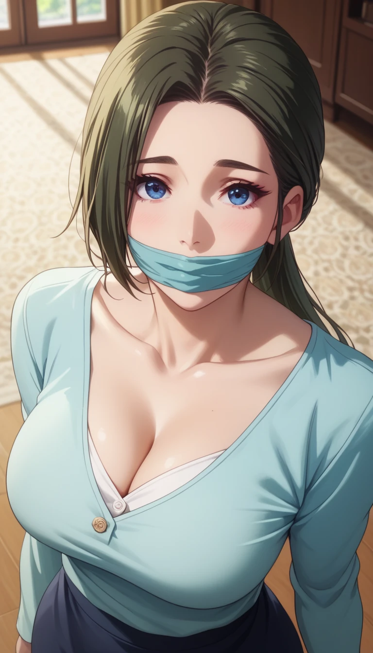 masterpiece, photography, realistic eyes, best quality, gag, bamboo, beautiful lighting, cinematic, 8k, 1girl, facial, wet face, wooden walls, medium tits, white shirt, cleavage, kamado nezuko, pink eyes,