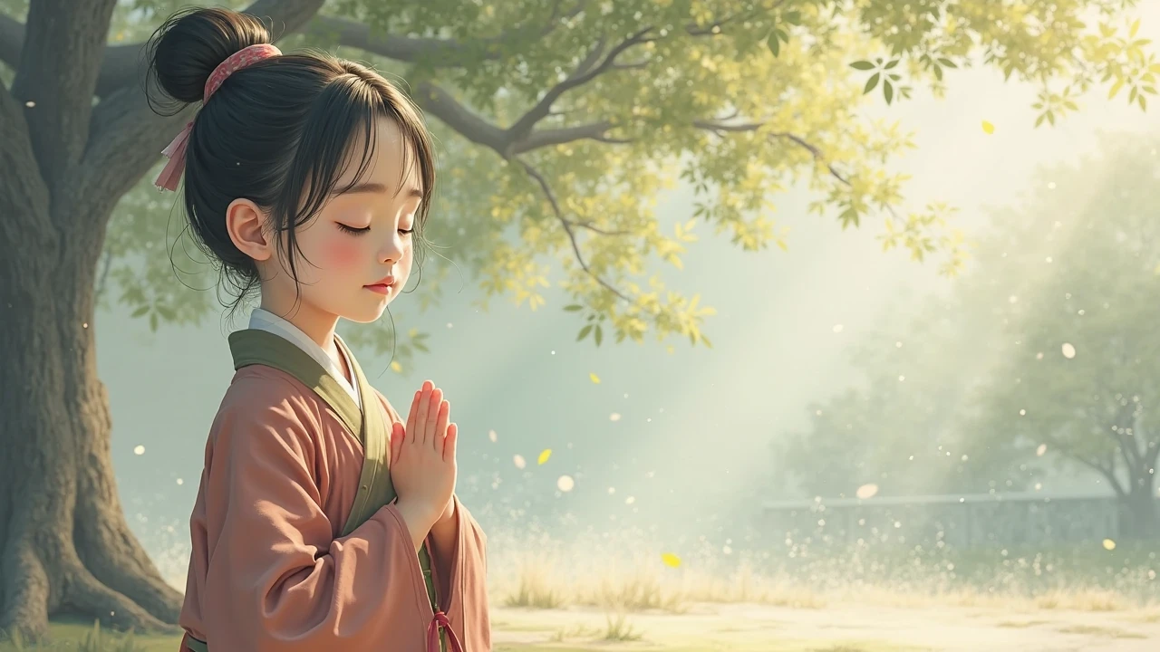 kimono, 1girl, beautiful blond girl praying in a temple, highly detailed, 4K graphic, masterpiece